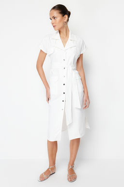 Ekru Kusakl? Genis Kal?p Gabardin Midi Gomlek Elbise TWOSS24EL00227