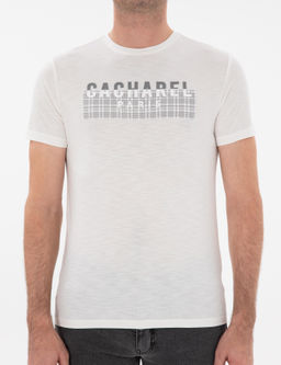 Beyaz Slim Fit Bisiklet Yaka Desenli T-shirt