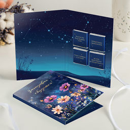 Открытка 4 шоколадки "Загадывай - сбудется!" (ночная поляна с цветами)