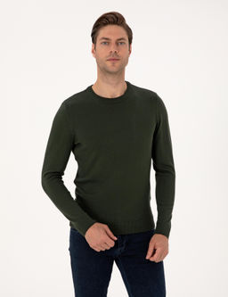Koyu Haki Slim Fit Bisiklet Yaka Basic Triko Kazak