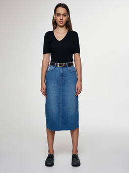CONTE CON-633 Джинсовая юбка-midi с разрезом и необработанным краем blue