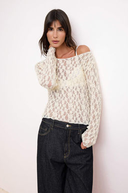 Ekru Fitted/Vucuda Oturan Kay?k Yaka Uzun Kollu Dantel Orme Bluz TWOSS26BZ00638