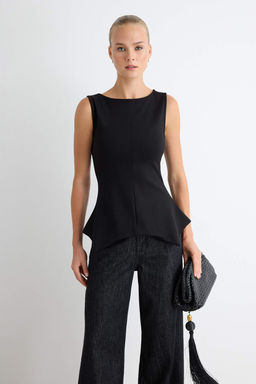 Siyah D_z Kay_k Yaka Peplum Asimetrik Kolsuz _rme Bluz TWOAW27BZ00265