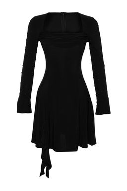 TRENDYOLMILLA Siyah Inci Aksesuarl? Orme K?sa S?k Abiye Elbise TPRAW24EL00259  фото 7