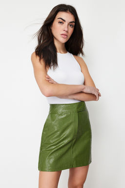 TRENDYOLMILLA Haki Premium Yuksek Kalite A-Line Suni Deri Mini Dokuma Etek TWOAW22ET0480 фото 15