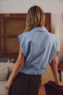 CAMISA MANGA SISA CON LINO / Azul