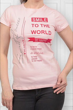 Футболка женская , принт Smile To The World, розовый (360-2) - Плиона фото 4