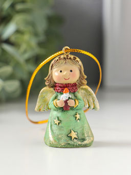 Цена за 2 шт. Фигурка - подвеска полистоун «Ангелочек со звёздами на зелёном платье, со свечой в руках», ёлочная игрушка, 3.8×2.6×5 см