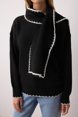 Siyah Yumusak Dokulu Genis Kal?p Sal Aksesuarl? Triko Kazak TWOAW26KZ00155 - Trendyolmilla фото 4