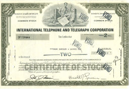 Сертификат передаточный на 2 акции INTERNATIONAL TELEPHONE AND TELEGRAPH CORPORATION (США)