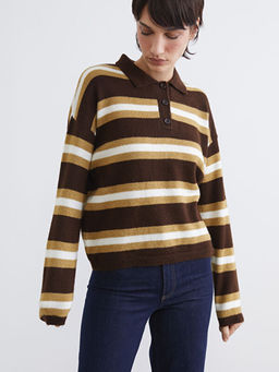 Polo Yaka ?izgili Kad?n Triko Kazak