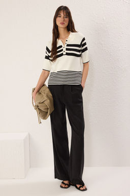 Ekru Polo Yaka Renk Bloklu Ince Triko Bluz TWOSS25KZ00002 - Trendyolmilla фото 2