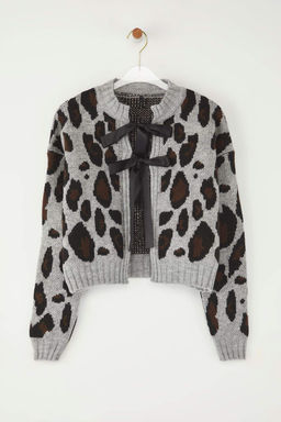 Ac?k Gri Leopar Desenli Crop Yumusak Dokulu Triko H?rka TWOAW25HI00355