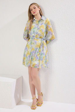 Mint Kusakl? Etegi Belden Ac?lan Cicekli Sifon Ucus Ucus Dokuma Mini Elbise TWOAW25EL00161