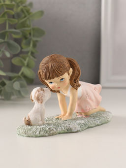 Фигурка полистоун «Малышка играет с щеночком на лужайке», розовый, 12×5×7.5 см
