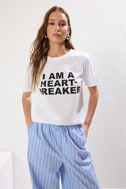 TRENDYOLMILLA Beyaz %100 Pamuk Regular/Normal Kal?p Slogan Bask?l? Orme T-Shirt TWOSS25TS00050 фото 4