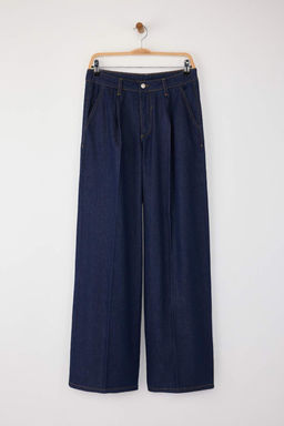Koyu Mavi Pileli Normal Bel Wide Leg Jeans TWOAW26JE00008 - Trendyolmilla фото 5