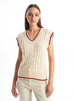 V Yaka Kendinden Desenli Kad?n Triko S?veter