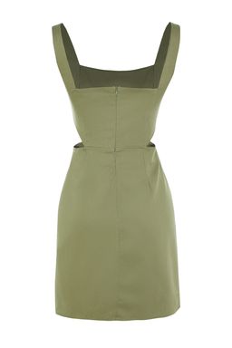 Haki A-Kesim Mini Pamuklu Bel Dekolteli Kare Yaka Astarl? Dokuma Elbise TWOSS23EL00596