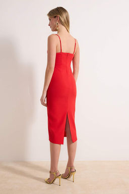 K?rm?z? Ask?l? Dokuma Midi S?k/Gece Elbise Elbise TWOSS26EL00114