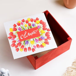Ящик деревянный 8 Марта. Тюльпаны 20х20х10 см красный - Дарим красиво фото 2
