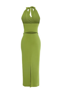 Yesil Kruvaze Baglama Detayl? V Yaka Esnek Midi Orme Elbise TWOSS25EL00479