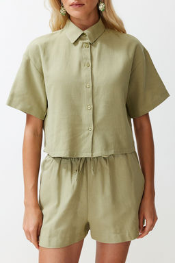 Yesil Dokuma Keten Gorunumlu Gomlek Sort Plaj Tak?m TBESS24AU00054 - Trendyolmilla фото 5