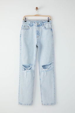 TRENDYOLMILLA Ac?k Mavi Y?rt?k Detayl? Normal Bel Wide Leg Jeans TWOSS25JE00221