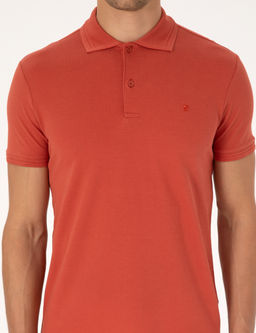 Kiremit Slim Fit %100 Pamuk K_vr_lmaz D__meli Polo Yaka Basic Ti__rt