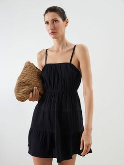 Kare Yaka Dokulu Katkat Mini Elbise