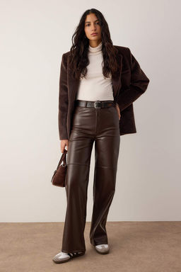 Kahverengi Relaxed/Rahat Straight/Boru Paca Dikis Detayl? Orme Deri Pantolon TWOAW25PL00068