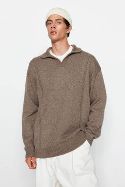 TRENDYOL MAN Vizon Oversize Fit Yunlu Genis Kal?p Polo Yaka Triko Kazak TMNAW24KZ00049 - Trendyolmilla фото 2