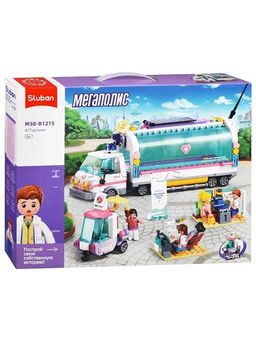 Конструктор SLUBAN 477 дет. "Мегаполис: мобильный медпункт" (M38-B1215) детализация, +инерц. машина и 5 фигурок, в коробке
