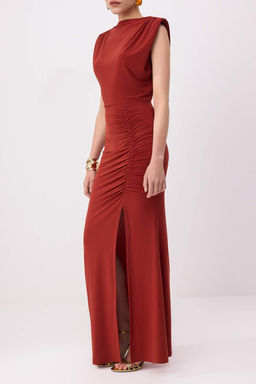 TRENDYOLMILLA Saks Vucuda Oturan Drapeli Dokuma Uzun S?k Abiye Elbise TPRSS24AE00226  фото 24
