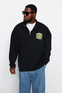 TRENDYOL MAN Siyah Buyuk Beden Oversize/Genis Kesim Dik Yaka Fermuarl? S?cak Tutan Sweatshirt TMNAW24AO00005