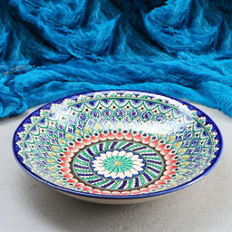Ляган узбекский Риштанская керамика «Узоры», для плова, d=33 см, глубокий, синий