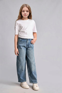%100 Pamuk Baggy Fit Jean Pantolon K_z _ocuk