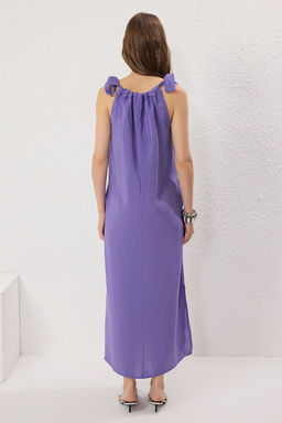 Trendyolmilla Mor More Sustainable Modal Duz Kesim Yakas? Baglama Detayl? Maxi Dokuma Elbise TWOSS25EL00302  фото 5