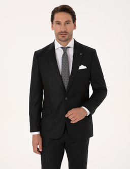 Siyah Slim Fit Y_n Kar___ml_ Mikro Desenli Klasik Ceket