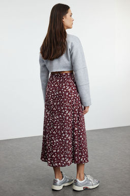 Bordo Y?rtmac Detayl? Cicek Desenli Viskon Kumasl? Midi Dokuma Etek TWOSS20ET0230
