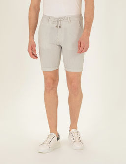 Gri Slim Fit Beli Lastikli _izgili Ba_c_kl_ Bermuda _ort