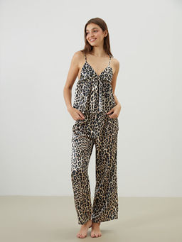 V Yaka Leopar Desenli Ask?l? Kad?n Pijama Tak?m?