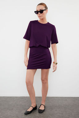Mor Duz Yumusak Kumasl? Fitted/Vucuda Oturan K?sa Kollu Esnek Orme Elbise TWOSS24EL00756