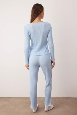 Trendyolmilla Bebe Mavisi Dantelli ve Kurdele/Fiyonk Detayl? Fitilli Orme Pijama Tak?m? THMAW25PT00044  фото 12