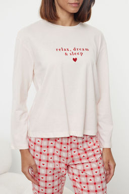 Pudra %100 Pamuklu Slogan Nak?sl? Kalpli Ekoseli Orme Pijama Tak?m? THMAW25PT00118