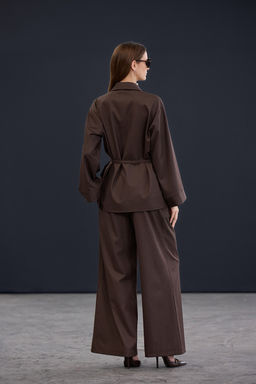 Trendyol Studio Kahverengi Cizgili Belden Ayarlanabilir Dokumlu Oversize Gomlek TWOAW26GO00105 - Trendyolmilla фото 6
