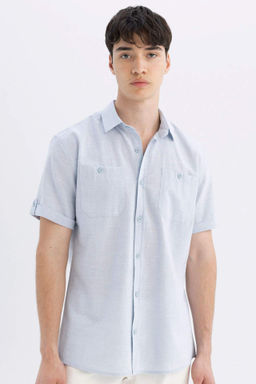 Slim Fit Dar Kesim Polo Yaka Keten Gorunumlu K?sa Kollu Gomlek - Defacto фото 2