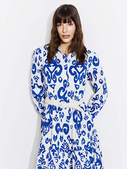 G?mlek Yaka Desenli Poplin Elbise