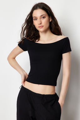 Trendyolmilla 2li Paket Siyah Beyaz Cizgili-Siyah Duz Carmen Yaka Crop Esnek Orme Bluz TWOSS24BZ00310  фото 4