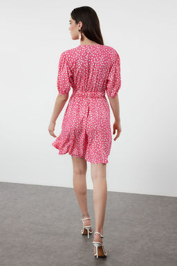 Pembe Cicekli Mini Skater Form Kruvaze Yaka Dokuma Elbise TWOSS24EL01074 - Trendyolmilla фото 5